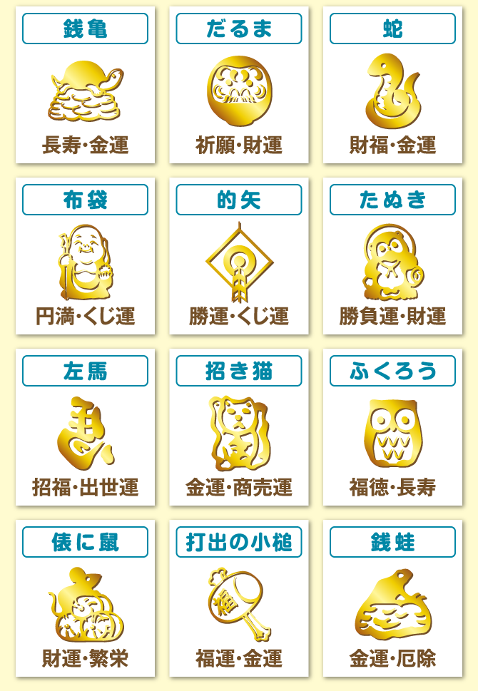 銭亀：長寿・金運／だるま：祈願・財運／蛇：財福・金運／布袋：円満・くじ運／的矢：勝運・くじ運／たぬき：勝負運・財運／左馬：招福・出世運／招き猫：金運・商売運／ふくろう：福徳・長寿／俵に鼠：財運・繁栄／打出の小槌：福運・金運／銭蛙：金運・厄除