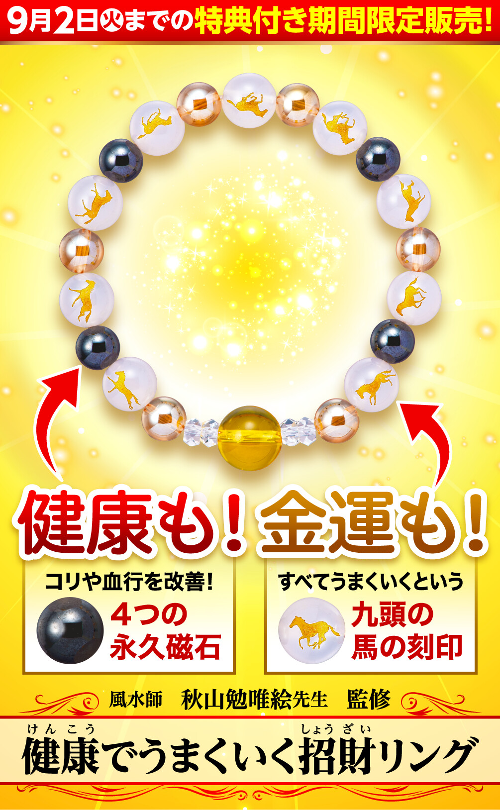 9月2日火までの特典付き期間限定販売！健康も!金運も!健康でうまくいく招財リング 風水師 秋山勉唯絵先生監修 コリや血行を改善!４つの永久磁石 すべてうまくいくという九頭の馬の刻印