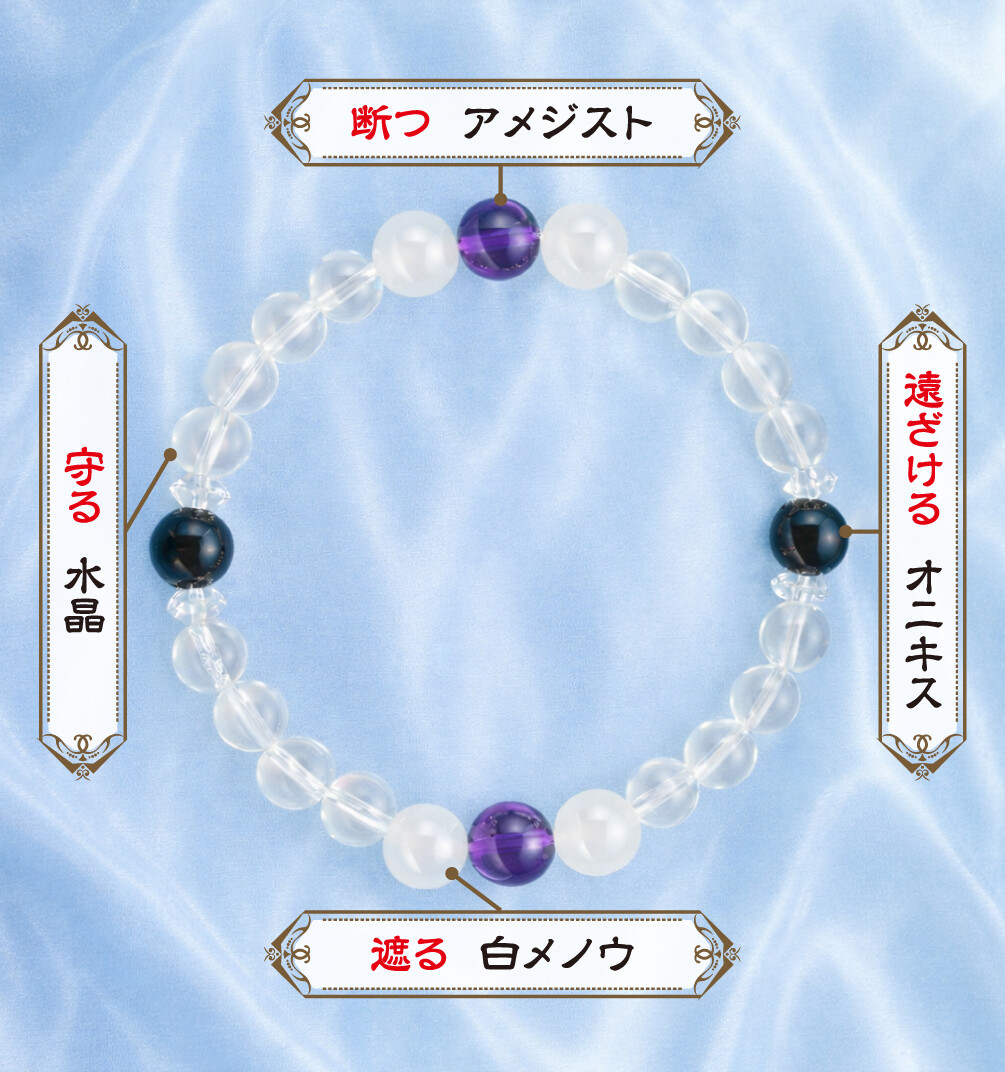 断つ、アメジスト 遠ざける、オニキス 遮る、白メノウ 守る、水晶