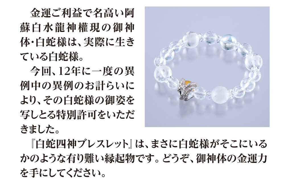 　金運ご利益で名高い阿蘇白水龍神權現の御神体・白蛇様は、実際に生きている白蛇様。　今回、12年に一度の異例中の異例のお計らいにより、その白蛇様の御姿を写しとる特別許可をいただきました。　『白蛇四神ブレスレット』は、まさに白蛇様がそこにいるかのような有り難い縁起物です。どうぞ、御神体の金運力を手にしてください。