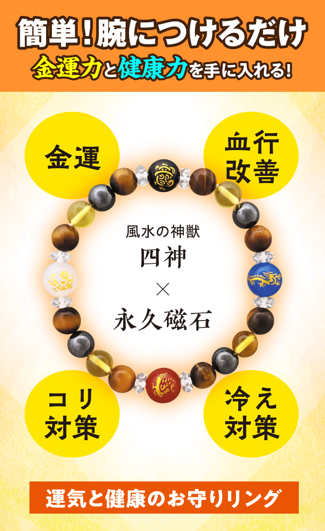 簡単！腕につけるだけ！金運力と健康力をみにつける！金運・血行改善・コリ対策・冷え対策『運気と健康のお守りリング』