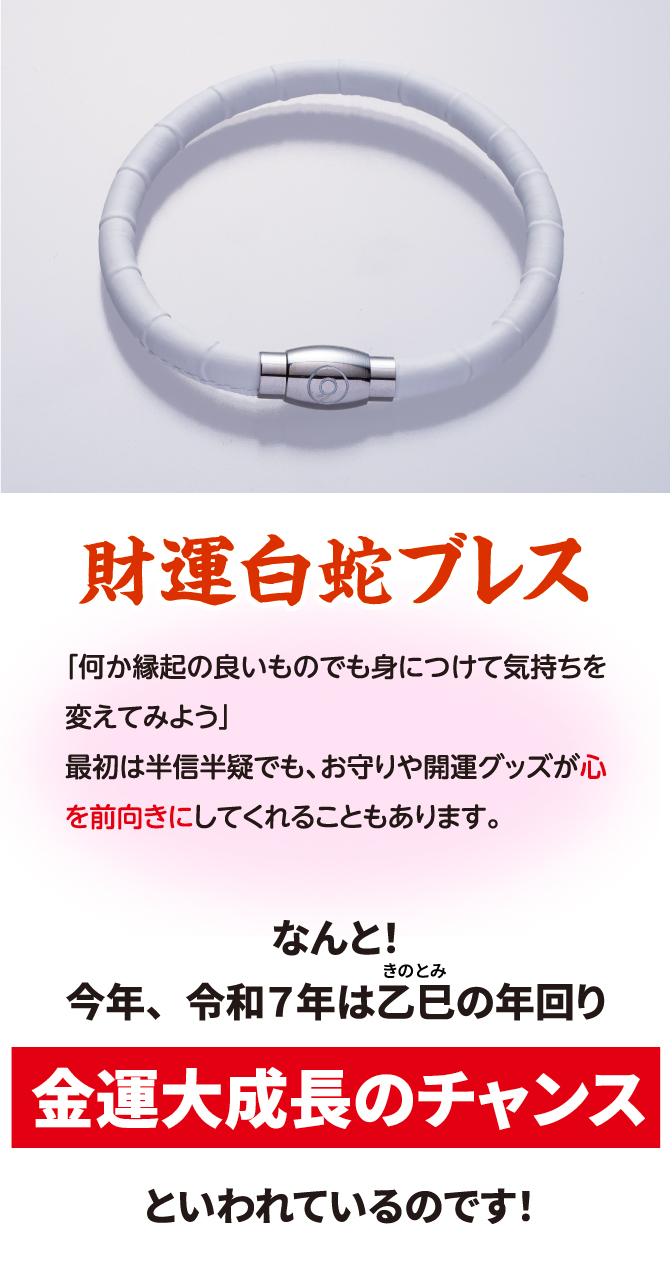 財運白蛇ブレス 「何か縁起の良いものでも身につけて気持ちを変えてみよう」最初は半信半疑でも、お守りや開運グッズが心を前向きにしてくれることもあります。なんと！今年、令和７年は乙巳の年回り 金運大成長のチャンスといわれているのです！