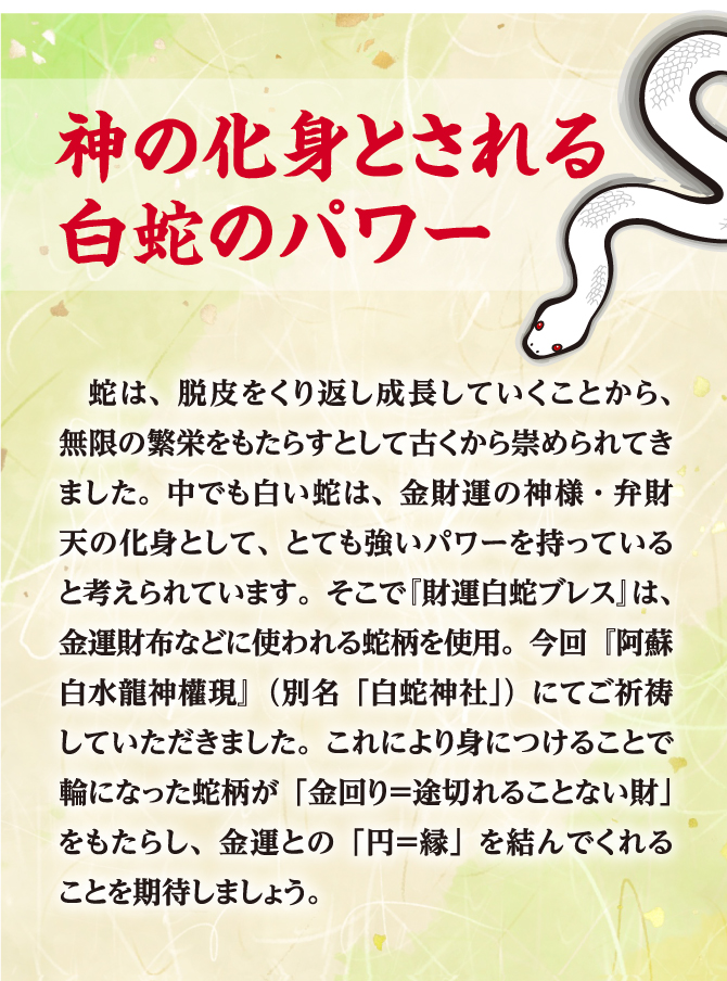 神の化身とされる白蛇のパワー 蛇は、脱皮をくり返し成長していくことから、無限の繁栄をもたらすとして古くから崇められてきました。中でも白い蛇は、金財運の神様・弁財天の化身として、とても強いパワーを持っていると考えられています。そこで『財運白蛇ブレス』は、金運財布などに使われる蛇柄を使用。今回『阿蘇白水龍神權現』（別名「白蛇神社」）にてご祈祷していただきました。これにより身につけることで輪になった蛇柄が「金回り＝途切れることない財」をもたらし、金運との「円＝縁」を結んでくれることを期待しましょう。