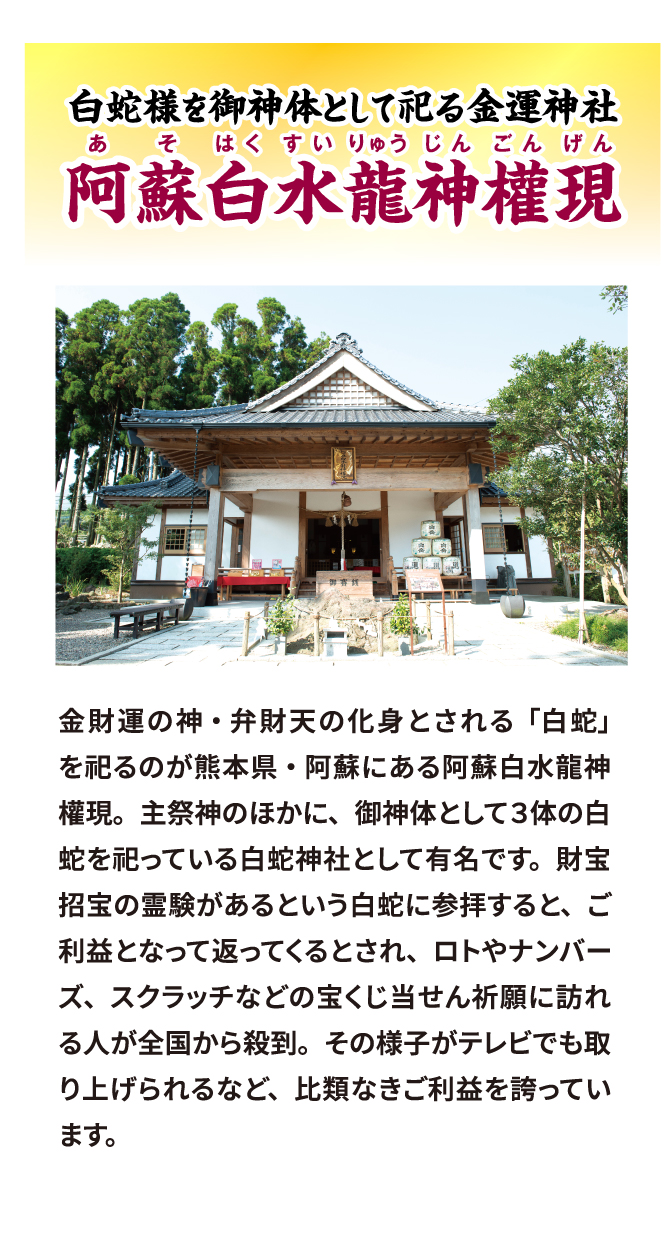 白蛇様を御神体として祀る金運神社 阿蘇白水龍神權現 金財運の神・弁財天の化身とされる「白蛇」を祀るのが熊本県・阿蘇にある阿蘇白水龍神權現。主祭神のほかに、御神体として３体の白蛇を祀っている白蛇神社として有名です。財宝招宝の霊験があるという白蛇に参拝すると、ご利益となって返ってくるとされ、ロトやナンバーズ、スクラッチなどの宝くじ当せん祈願に訪れる人が全国から殺到。その様子がテレビでも取り上げられるなど、比類なきご利益を誇っています。