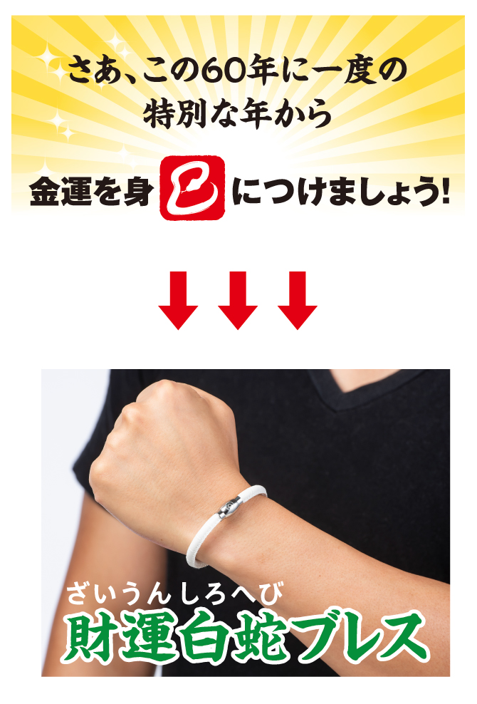 さあ、この60年に一度の特別な年から金運を身（巳）につけましょう！財運白蛇ブレス