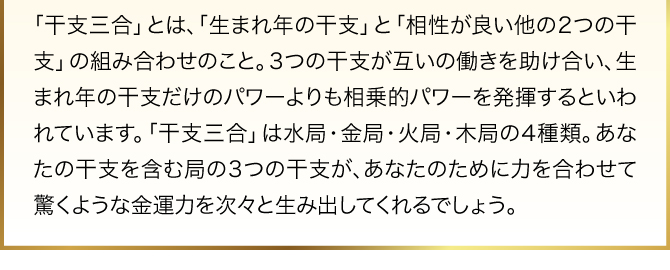 「干支三合」とは、「生まれ年の干支」と「相性が良い他の2つの干支」の組み合わせのこと。3つの干支が互いの働きを助け合い、生まれ年の干支だけのパワーよりも相乗的パワーを発揮するといわれています。「干支三合」は水局・金局・火局・木局の4種類。あなたの干支を含む局の3つの干支が、あなたのために力を合わせて驚くような金運力を次々と生み出してくれるでしょう。