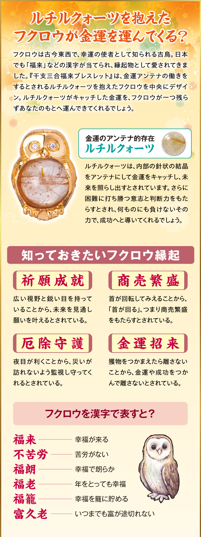 ルチルクォーツを抱えたフクロウが金運を運んでくる？