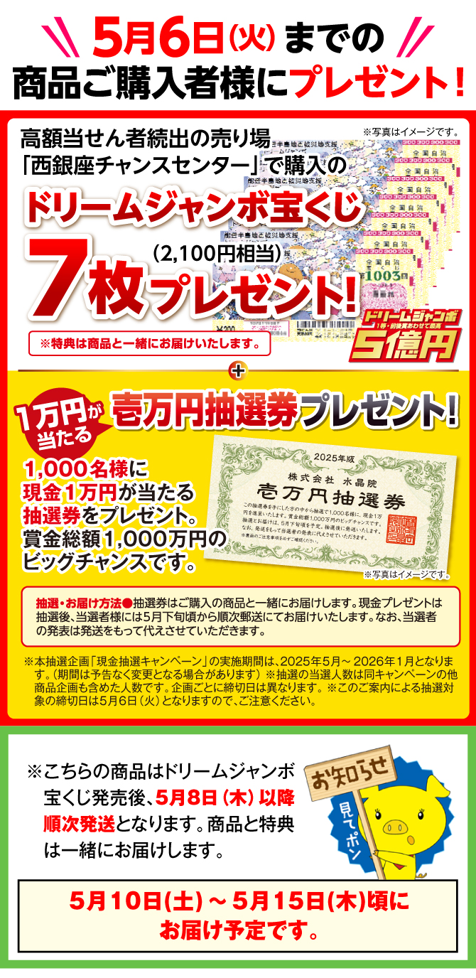 【5月6日（火）までの商品ご購入者様にプレゼント！】高額当せん者続出の売り場「西銀座チャンスセンター」で購入のドリームジャンボ宝くじ７枚（2,100円相当）プレゼント！（※特典は商品と一緒にお届けいたします。）＋1万円が当たる壱万円抽選券プレゼント！1,000名様に現金1万円が当たる抽選券をプレゼント。賞金総額1,000万円のビッグチャンスです。〈抽選・お届け方法〉抽選券はご購入の商品と一緒にお届けします。現金プレゼントは抽選後、当選者様には5月下旬頃から順次郵送にてお届けいたします。なお、当選者の発表は発送をもって代えさせていただきます。（※本抽選企画「現金抽選キャンペーン」の実施期間は、2025年5月～2026年1月となります。（期間は予告なく変更となる場合があります） ※抽選の当選人数は同キャンペーンの他商品企画も含めた人数です。企画ごとに締切日は異なります。 ※このご案内による抽選対象の締切日は5月6日（火）となりますので、ご注意ください。 ※写真はイメージです。／※こちらの商品は、特典のドリームジャンボ宝くじ発売後、５月８日（木）以降順次発送となります。商品と特典は一緒にお届けします。