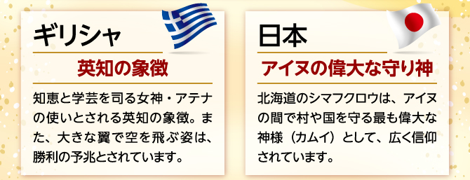 「ギリシャ」英知の象徴：知恵と学芸を司る女神・アテナの使いとされる英知の象徴。また、大きな翼で空を飛ぶ姿は、勝利の予兆とされています。「日本」アイヌの偉大な守り神：北海道のシマフクロウは、アイヌの間で村や国を守る最も偉大な神様（カムイ）として、広く信仰されています。