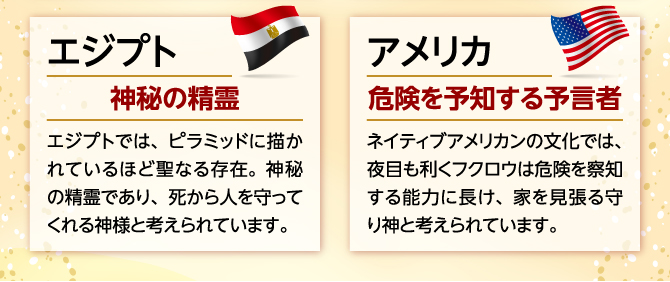 「エジプト」神秘の精霊：エジプトでは、ピラミッドに描かれているほど聖なる存在。神秘の精霊であり、死から人を守ってくれる神様と考えられています。「アメリカ」危険を予知する予言者：ネイティブアメリカンの文化では、夜目も利くフクロウは危険を察知する能力に長け、家を見張る守り神と考えられています。