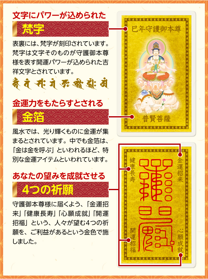 文字にパワーが込められた：梵字　金運力をもたらすとされる：金箔　あなたの望みを成就させる：４つの祈願