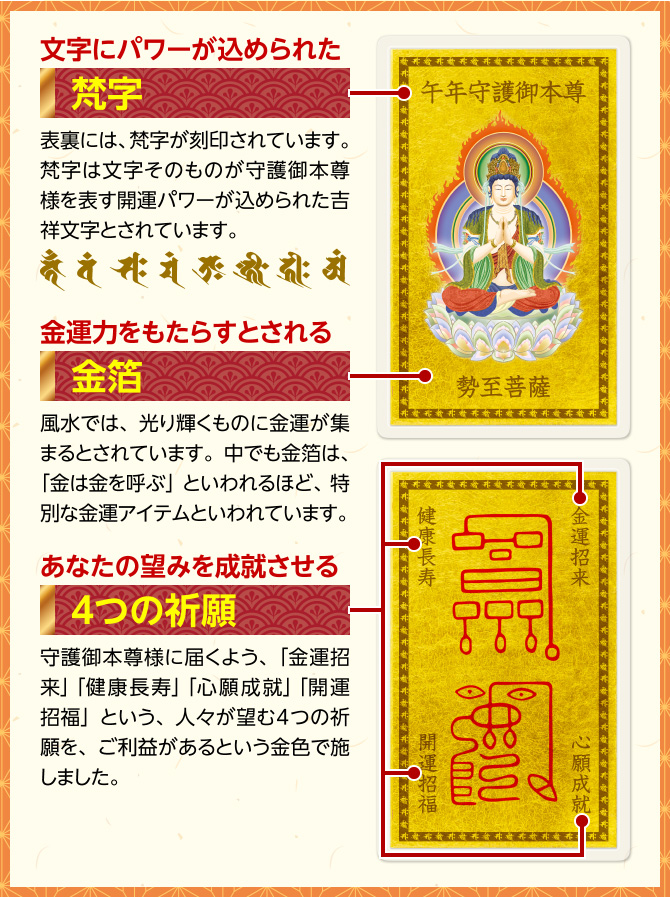 文字にパワーが込められた：梵字　金運力をもたらすとされる：金箔　あなたの望みを成就させる：４つの祈願