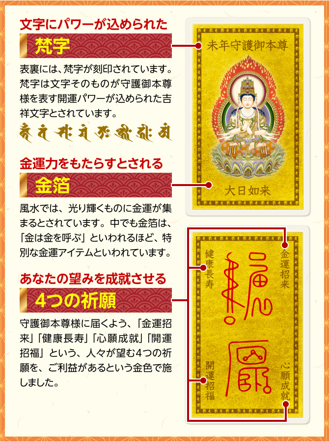 文字にパワーが込められた：梵字　金運力をもたらすとされる：金箔　あなたの望みを成就させる：４つの祈願