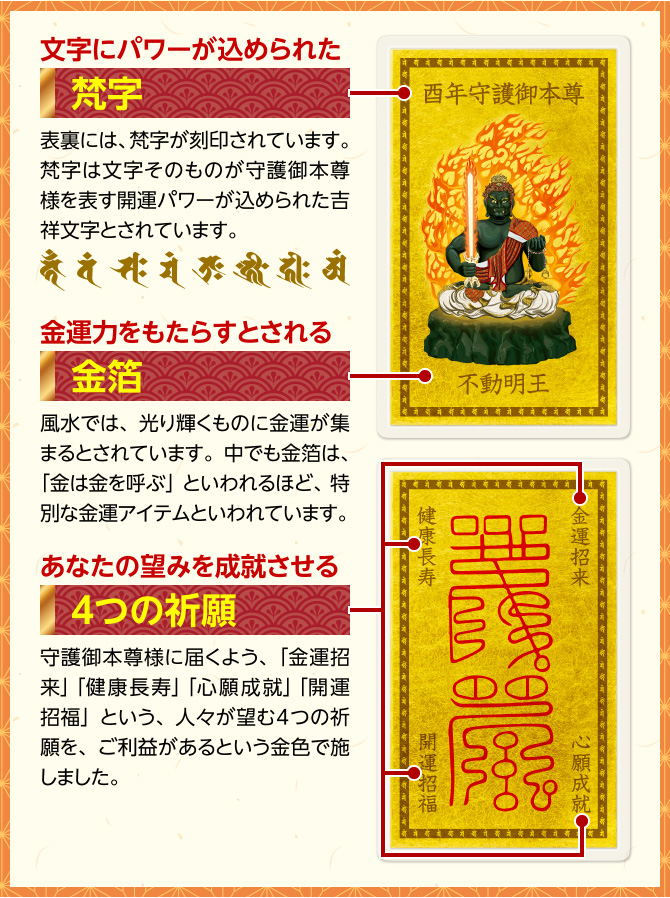 文字にパワーが込められた：梵字　金運力をもたらすとされる：金箔　あなたの望みを成就させる：４つの祈願