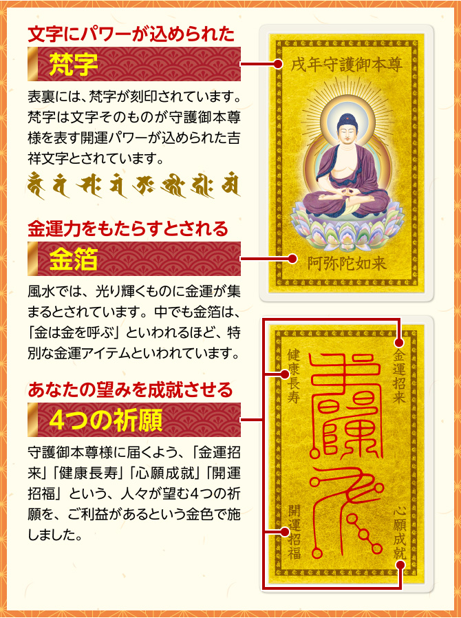 文字にパワーが込められた：梵字　金運力をもたらすとされる：金箔　あなたの望みを成就させる：４つの祈願