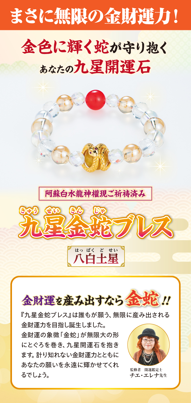 まさに無限の金財運力！金色に輝く蛇が守り抱くあなたの九星開運石『九星金蛇ブレス』