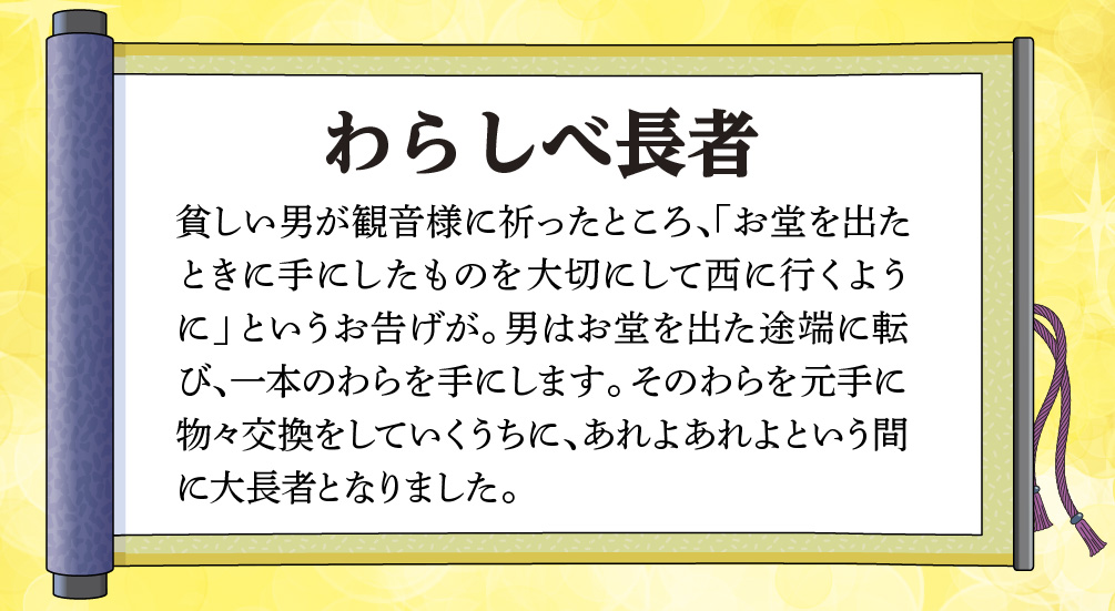 【わらしべ長者】貧しい男が観音様に祈ったところ、「お堂を出たときに手にしたものを大切にして西に行くように」というお告げが。男はお堂を出た途端に転び、一本のわらを手にします。そのわらを元手に物々交換をしていくうちに、あれよあれよという間に大長者となりました。