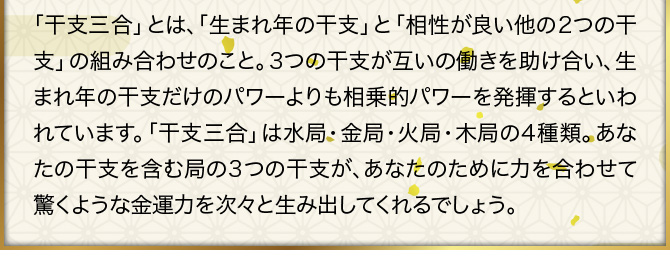 「干支三合」とは、「生まれ年の干支」と「相性が良い他の2つの干支」の組み合わせのこと。3つの干支が互いの働きを助け合い、生まれ年の干支だけのパワーよりも相乗的パワーを発揮するといわれています。「干支三合」は水局・金局・火局・木局の4種類。あなたの干支を含む局の3つの干支が、あなたのために力を合わせて驚くような金運力を次々と生み出してくれるでしょう。