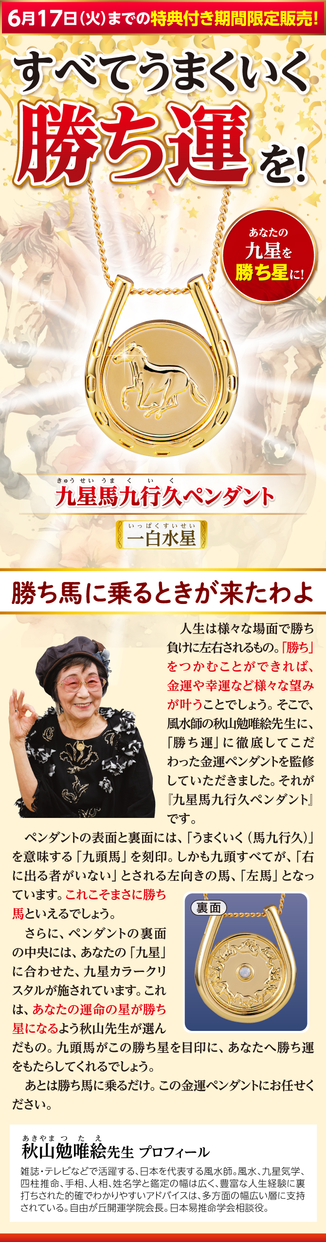 金運うまくいくわ！あなたは金運ペンダントを身につけるだけ『九星馬九行久ペンダント 一白水星』