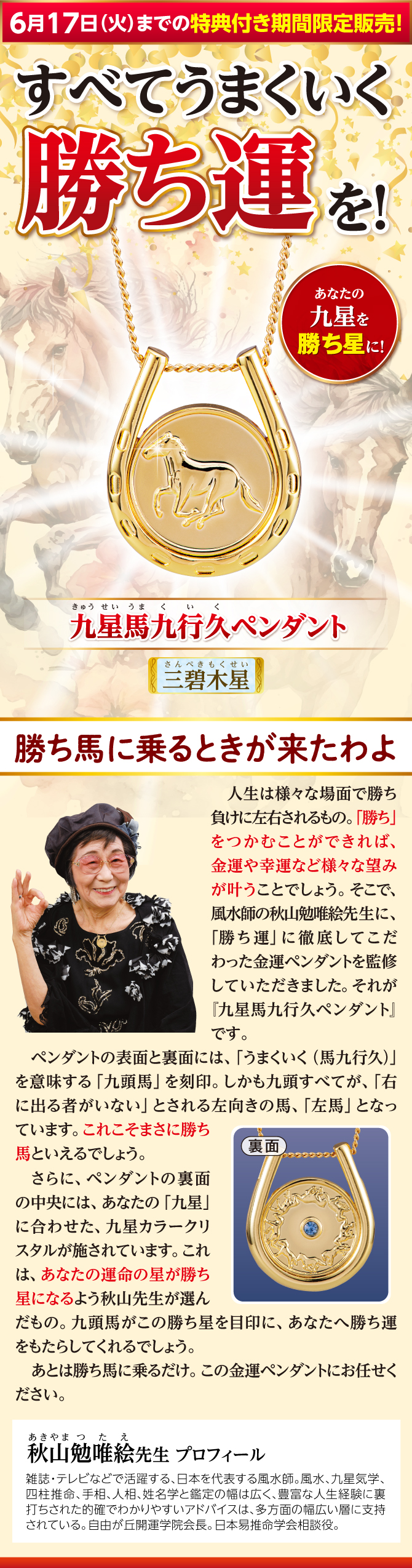 金運うまくいくわ！あなたは金運ペンダントを身につけるだけ『九星馬九行久ペンダント 三碧木星』