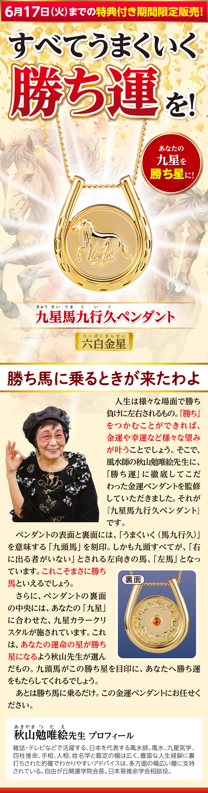 金運うまくいくわ！あなたは金運ペンダントを身につけるだけ『九星馬九行久ペンダント 六白金星』