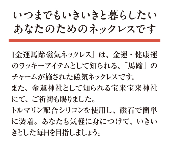 「金運馬蹄磁器ネックレス」は、金運・健康運のラッキーアイテムとして知られる「馬蹄」のチャームが施された磁器ネックレスです。トルマリン配合シリコンを使用し、磁石で簡単に装着。