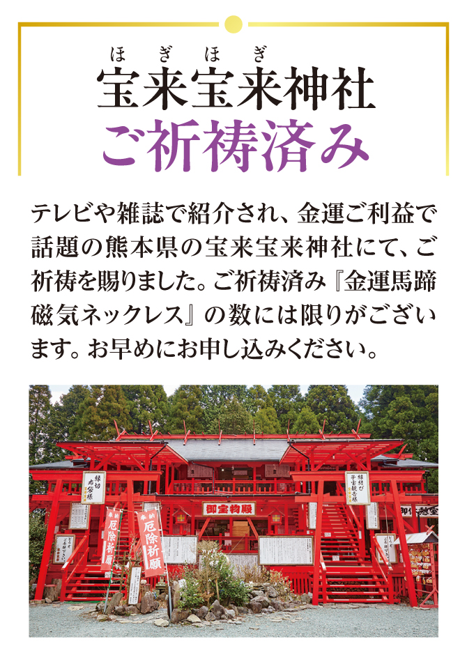 テレビや雑誌で紹介され、金運ご利益で話題の熊本県の宝来宝来神社にてご祈祷を賜りました。数に限りがございますので、お早めにお申し込みください。