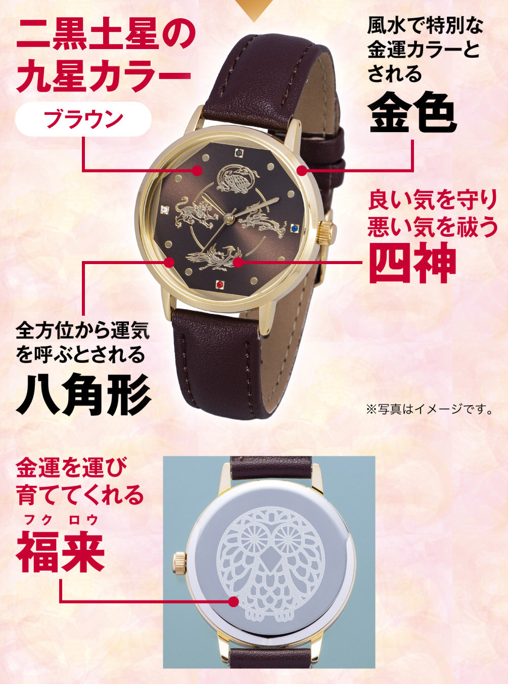 二黒土星の九星カラー「ブラウン」／風水で特別な金運カラーとされる「金色」／良い気を守り悪い気を祓う「四神」／全方位から運気を呼ぶとされる「八角形」／金運を運び育ててくれる「福来」（※写真はイメージです。）