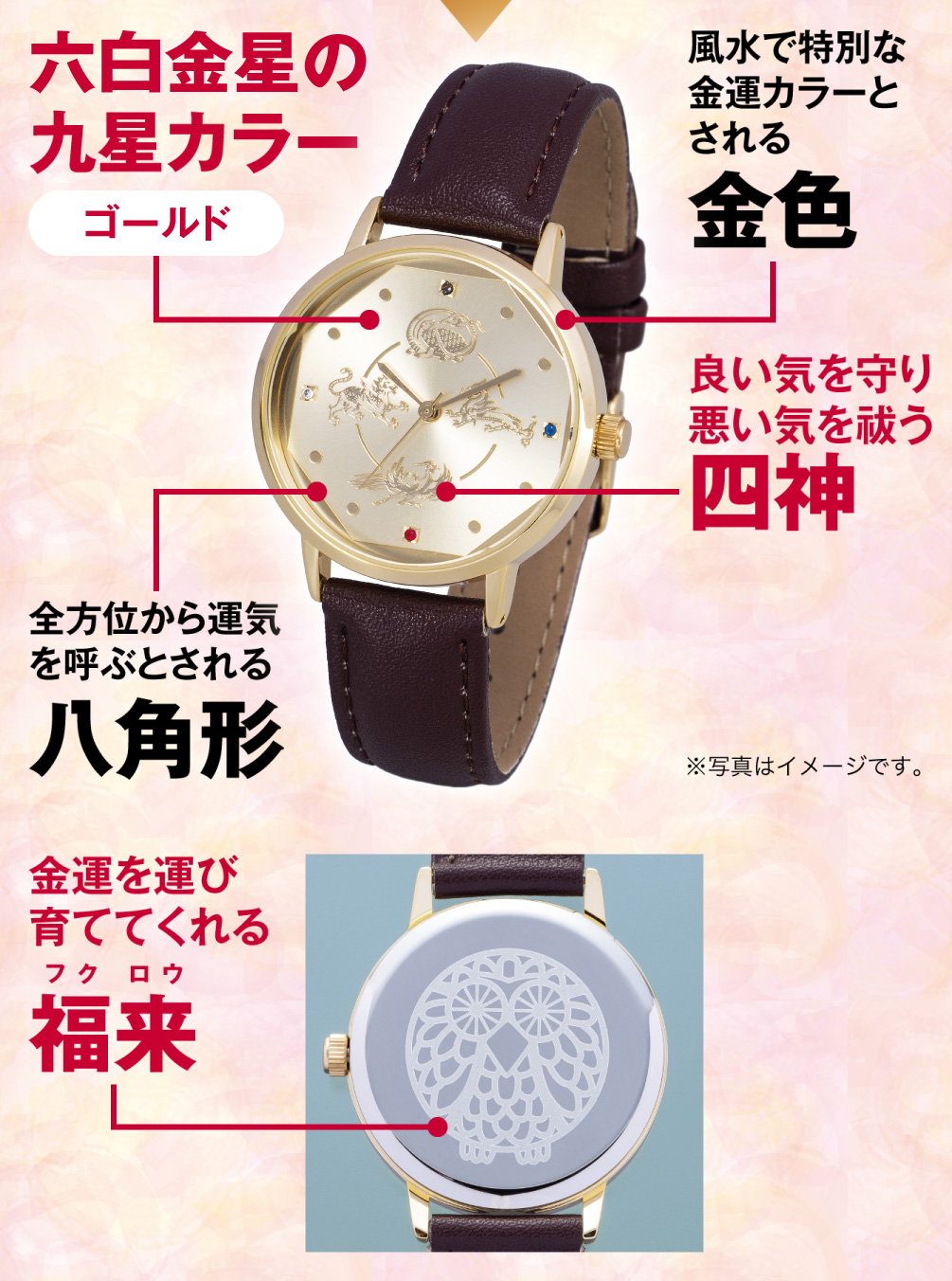 六白金星の九星カラー「ゴールド」／風水で特別な金運カラーとされる「金色」／良い気を守り悪い気を祓う「四神」／全方位から運気を呼ぶとされる「八角形」／金運を運び育ててくれる「福来」（※写真はイメージです。）