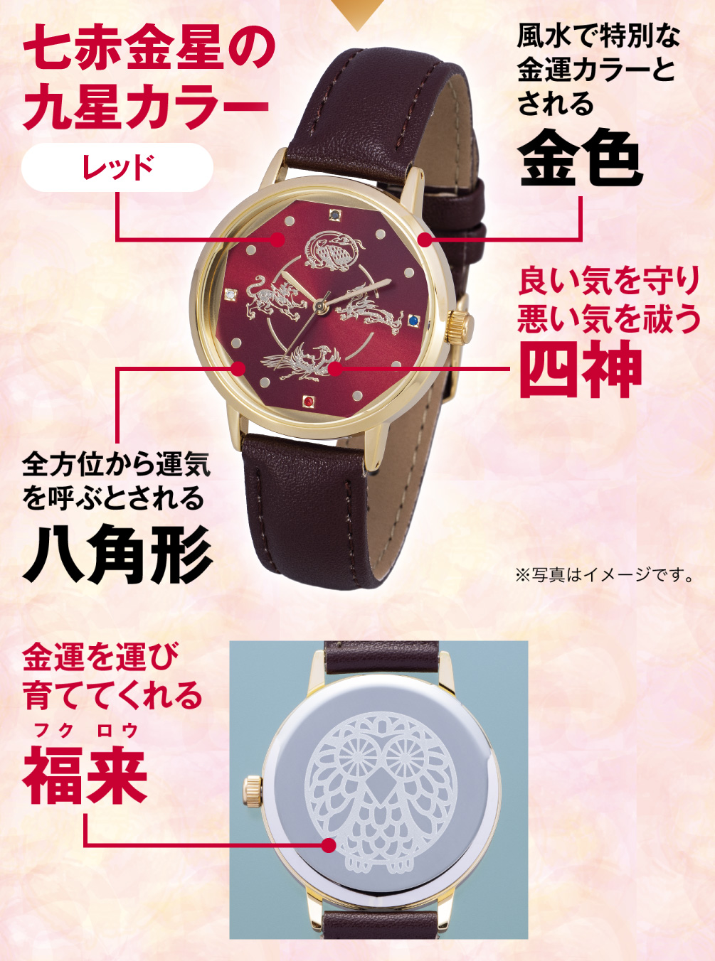 七赤金星の九星カラー「レッド」／風水で特別な金運カラーとされる「金色」／良い気を守り悪い気を祓う「四神」／全方位から運気を呼ぶとされる「八角形」／金運を運び育ててくれる「福来」（※写真はイメージです。）