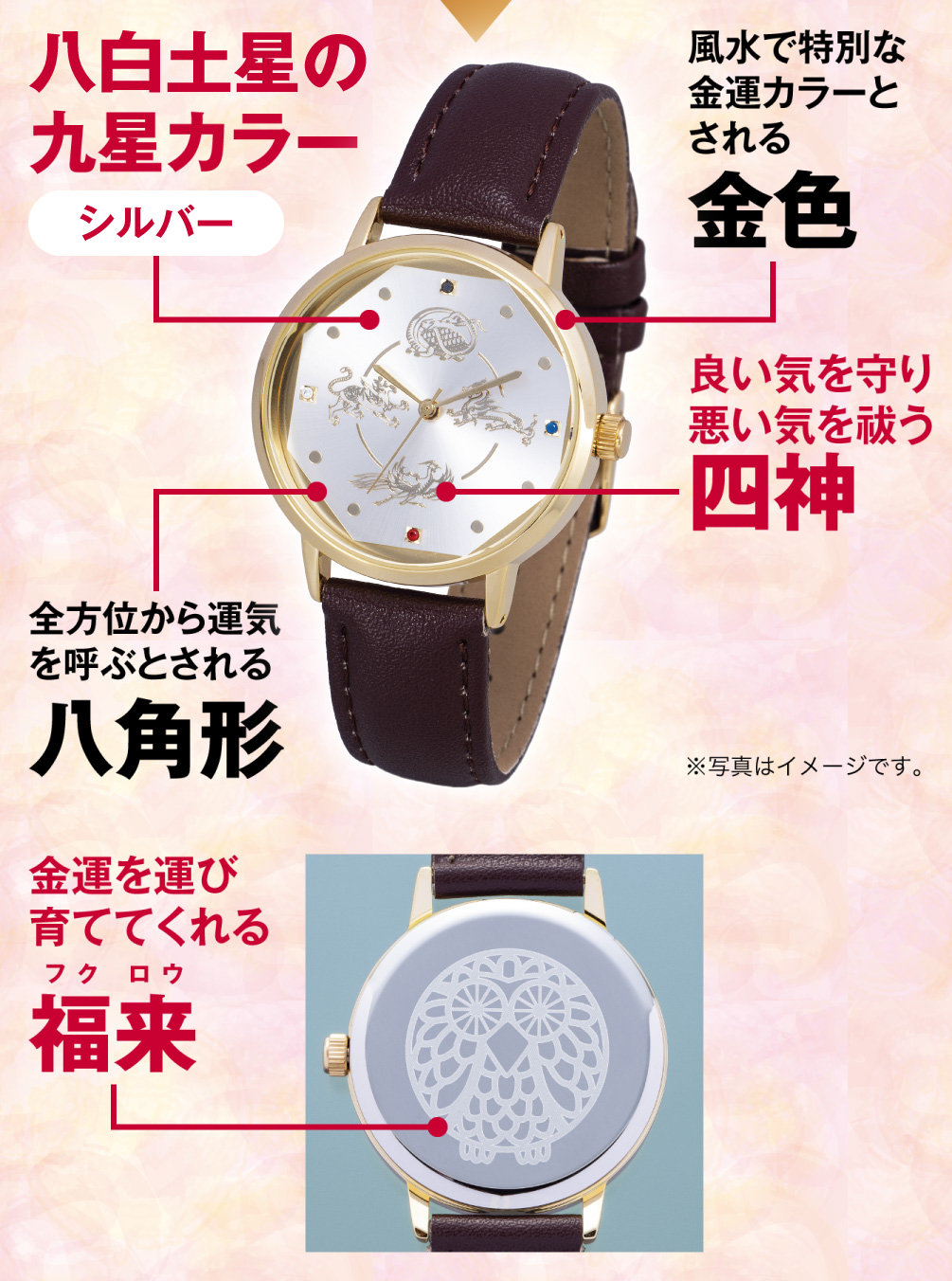 八白土星の九星カラー「シルバー」／風水で特別な金運カラーとされる「金色」／良い気を守り悪い気を祓う「四神」／全方位から運気を呼ぶとされる「八角形」／金運を運び育ててくれる「福来」（※写真はイメージです。）