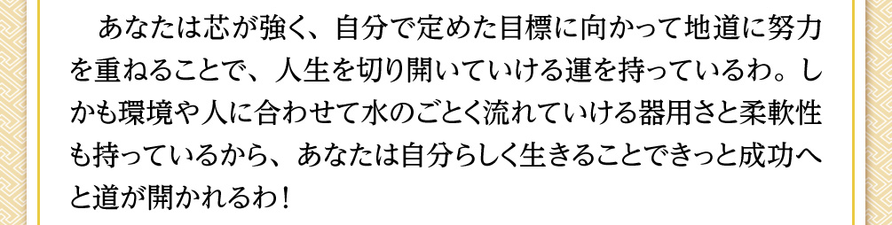 あなたは芯が強く、自分で定めた目標に向かって地道に努力を重ねることで、人生を切り開いていける運を持っているわ。しかも環境や人に合わせて水のごとく流れていける器用さと柔軟性も持っているから、あなたは自分らしく生きることできっと成功へと道が開かれるわ！