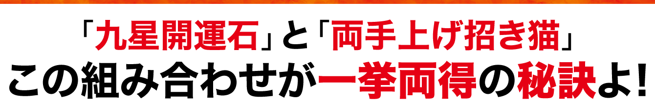 「九星開運石」と「両手上げ招き猫」この組み合わせが一挙両得の秘訣よ!