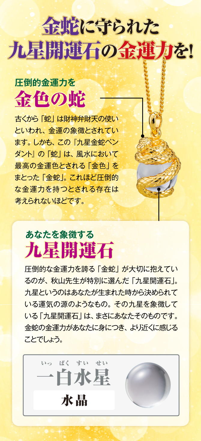 金蛇に守られた九星開運石の金運力を！圧倒的な金運力を誇る「金蛇」が大切に抱えているのが、秋山先生が特別に選んだ「九星開運石」