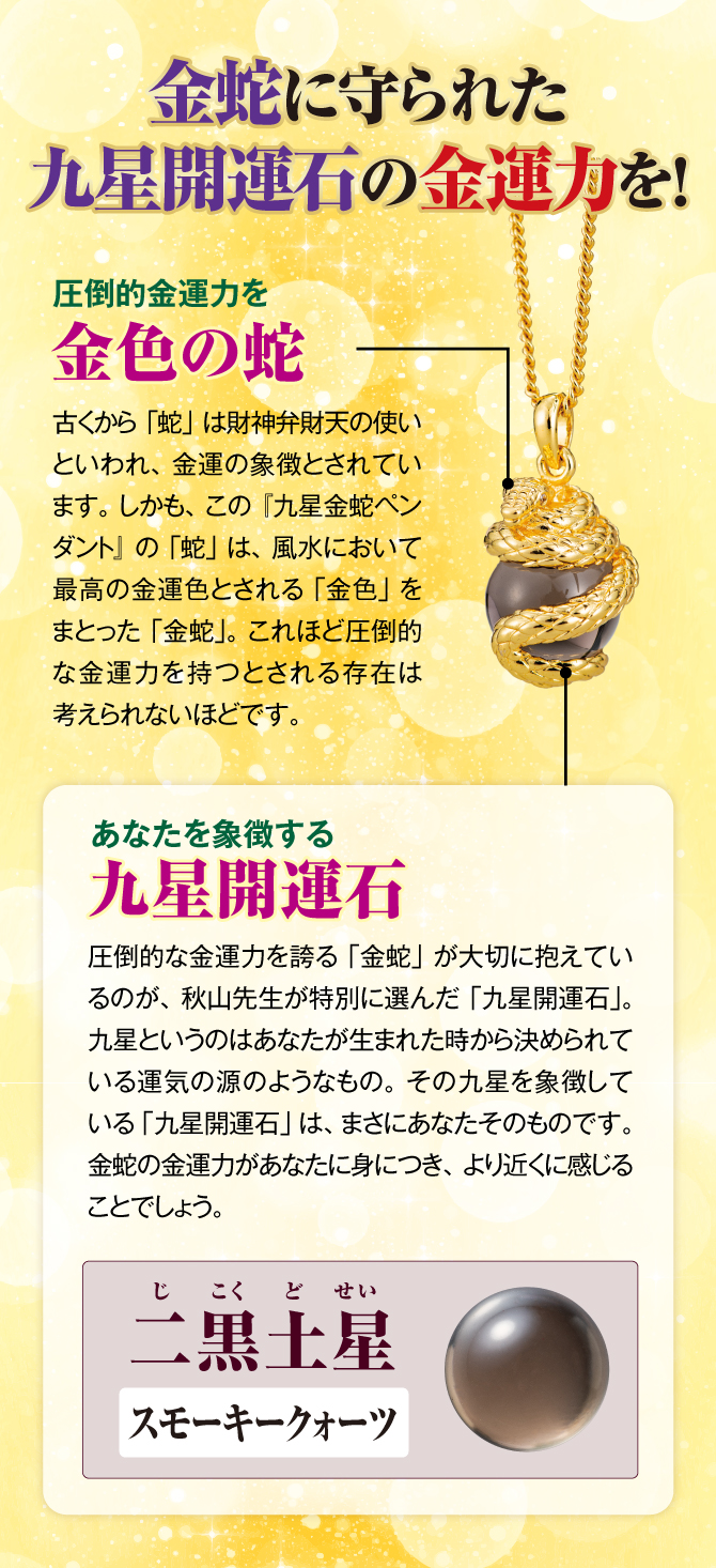 金蛇に守られた九星開運石の金運力を！圧倒的な金運力を誇る「金蛇」が大切に抱えているのが、秋山先生が特別に選んだ「九星開運石」