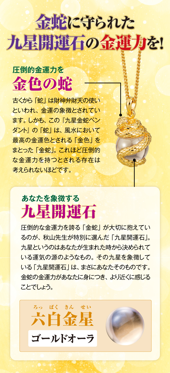 金蛇に守られた九星開運石の金運力を！圧倒的な金運力を誇る「金蛇」が大切に抱えているのが、秋山先生が特別に選んだ「九星開運石」