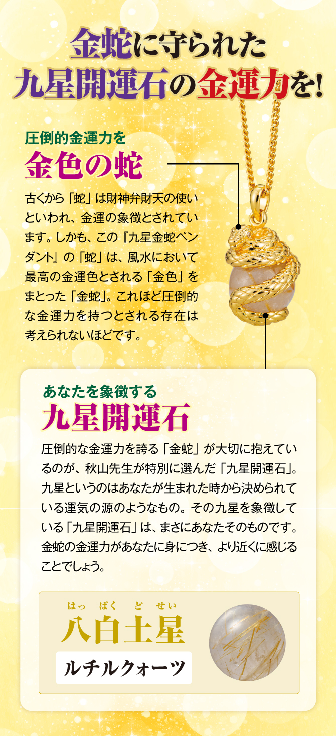 金蛇に守られた九星開運石の金運力を！圧倒的な金運力を誇る「金蛇」が大切に抱えているのが、秋山先生が特別に選んだ「九星開運石」