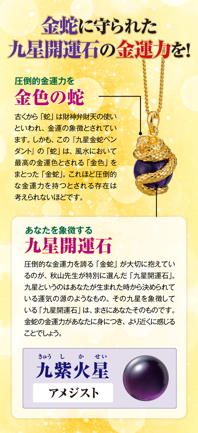 金蛇に守られた九星開運石の金運力を！圧倒的な金運力を誇る「金蛇」が大切に抱えているのが、秋山先生が特別に選んだ「九星開運石」