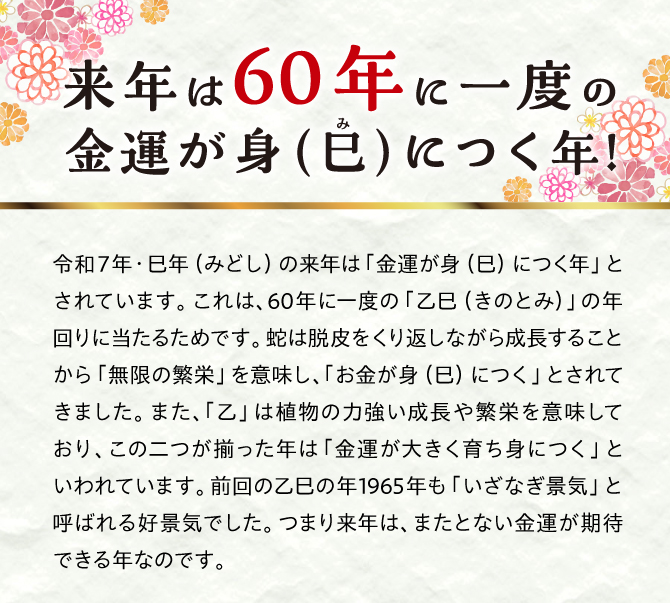 来年は60年に一度の金運が身(巳)につく年