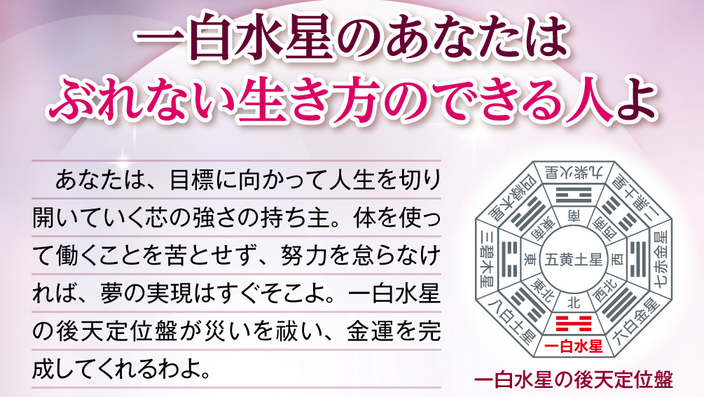 【一白水星のあなたはぶれない生き方のできる人よ】　あなたは、目標に向かって人生を切り開いていく芯の強さの持ち主。体を使って働くことを苦とせず、努力を怠らなければ、夢の実現はすぐそこよ。一白水星の後天定位盤が災いを祓い、金運を完成してくれるわよ。