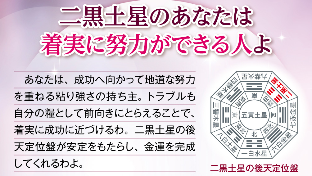 【二黒土星のあなたは着実に努力ができる人よ】あなたは、成功へ向かって地道な努力を重ねる粘り強さの持ち主。トラブルも自分の糧として前向きにとらえることで、着実に成功に近づけるわ。二黒土星の後天定位盤が安定をもたらし、金運を完成してくれるわよ。