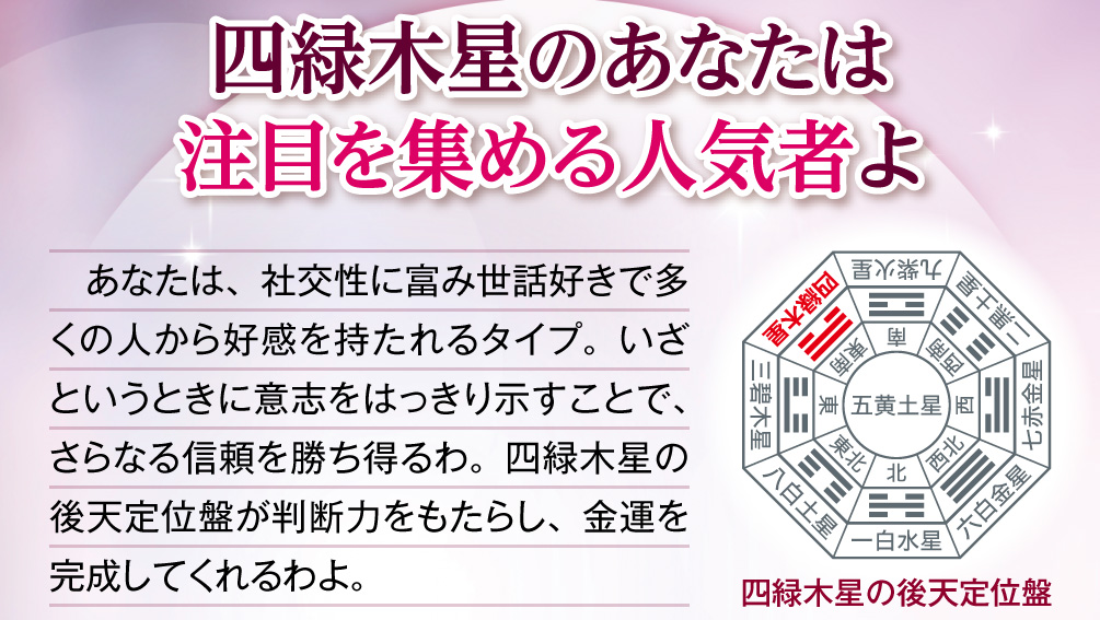 【四緑木星のあなたは注目を集める人気者よ】あなたは、社交性に富み世話好きで多くの人から好感を持たれるタイプ。いざというときに意志をはっきり示すことで、さらなる信頼を勝ち得るわ。四緑木星の後天定位盤が判断力をもたらし、金運を完成してくれるわよ。