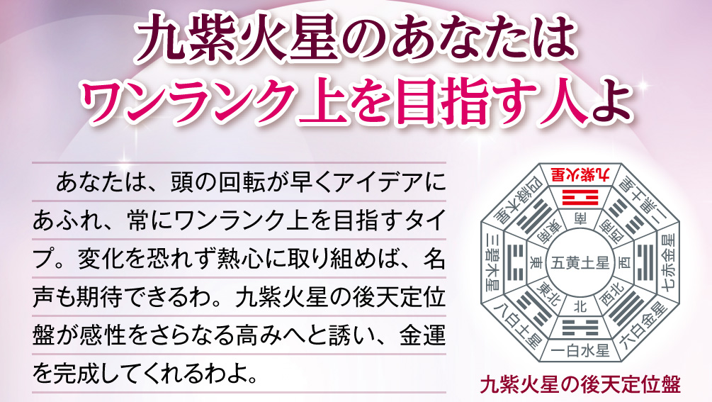 【九紫火星のあなたはワンランク上を目指す人よ】あなたは、頭の回転が早くアイデアにあふれ、常にワンランク上を目指すタイプ。変化を恐れず熱心に取り組めば、名声も期待できるわ。九紫火星の後天定位盤が感性をさらなる高みへと誘い、金運を完成してくれるわよ。