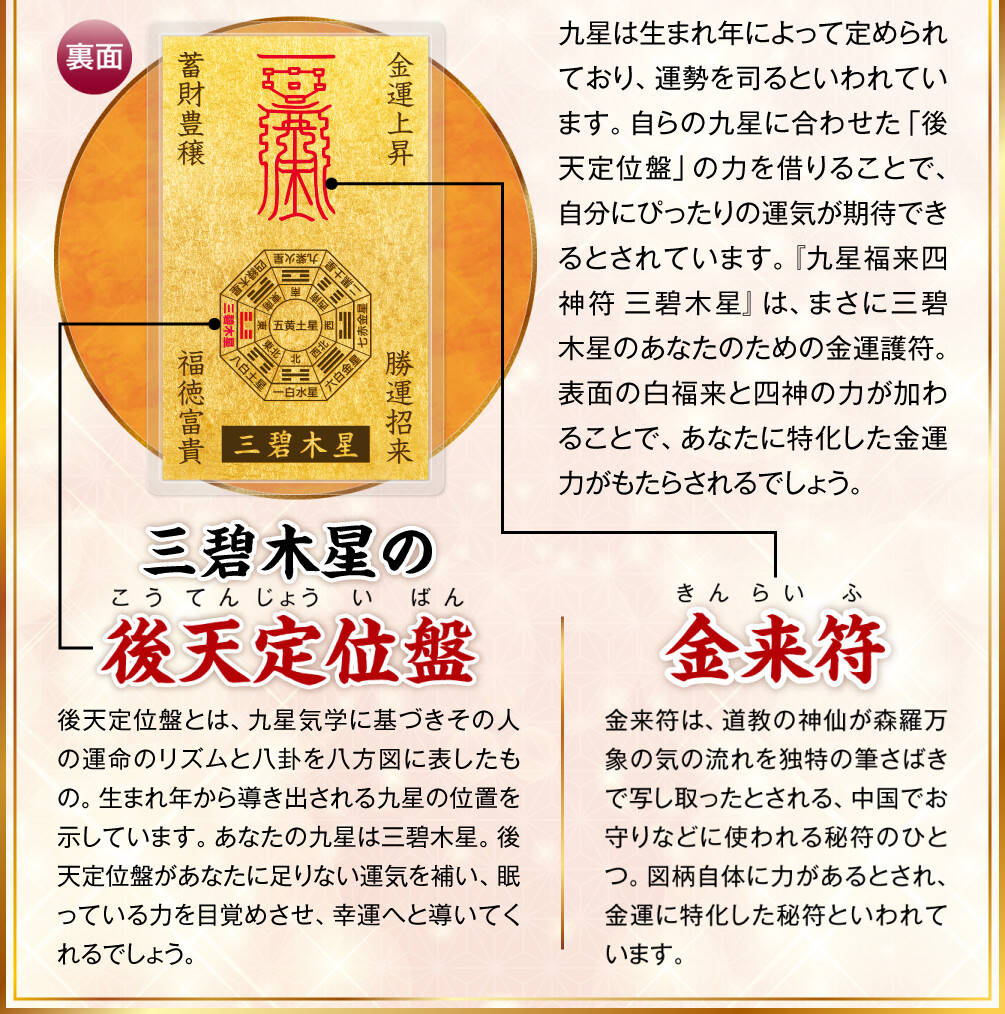【裏面】九星は生まれ年によって定められており、運勢を司るといわれています。自らの九星に合わせた「後天定位盤」の力を借りることで、自分にぴったりの運気が期待できるとされています。『九星福来四神符 三碧木星』は、まさに三碧木星のあなたのための金運護符。表面の白福来と四神の力が加わることで、あなたに特化した金運力がもたらされるでしょう。〈三碧木星の後天定位盤〉後天定位盤とは、九星気学に基づきその人の運命のリズムと八卦を八方図に表したもの。生まれ年から導き出される九星の位置を示しています。あなたの九星は三碧木星。後天定位盤があなたに足りない運気を補い、眠っている力を目覚めさせ、幸運へと導いてくれるでしょう。〈金来符〉金来符は、道教の神仙が森羅万象の気の流れを独特の筆さばきで写し取ったとされる、中国でお守りなどに使われる秘符のひとつ。図柄自体に力があるとされ、金運に特化した秘符といわれています。