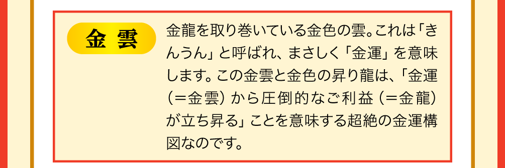 【金雲】金龍を取り巻いている金色の雲。これは「きんうん」と呼ばれ、まさしく「金運」を意味します。この金雲と金色の昇り龍は、「金運（＝金雲）から圧倒的なご利益（＝金龍）が立ち昇る」ことを意味する超絶の金運構図なのです。