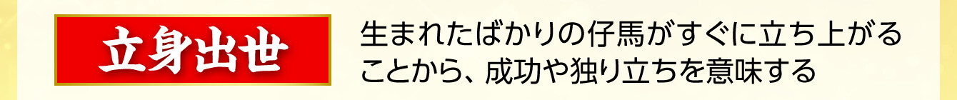 【立身出世】生まれたばかりの仔馬がすぐに立ち上がることから、成功や独り立ちを意味する