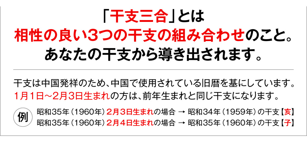 「干支三合」とは相性の良い３つの干支の組み合わせのこと。あなたの干支から導き出されます。干支は中国発祥のため、中国で使用されている旧暦を基にしています。１月１日～２月３日生まれの方は、前年生まれと同じ干支になります。（例：昭和35年（1960年）2月3日生まれの場合 → 昭和34年（1959年）の干支【亥】／昭和35年（1960年）2月4日生まれの場合 → 昭和35年（1960年）の干支【子】）