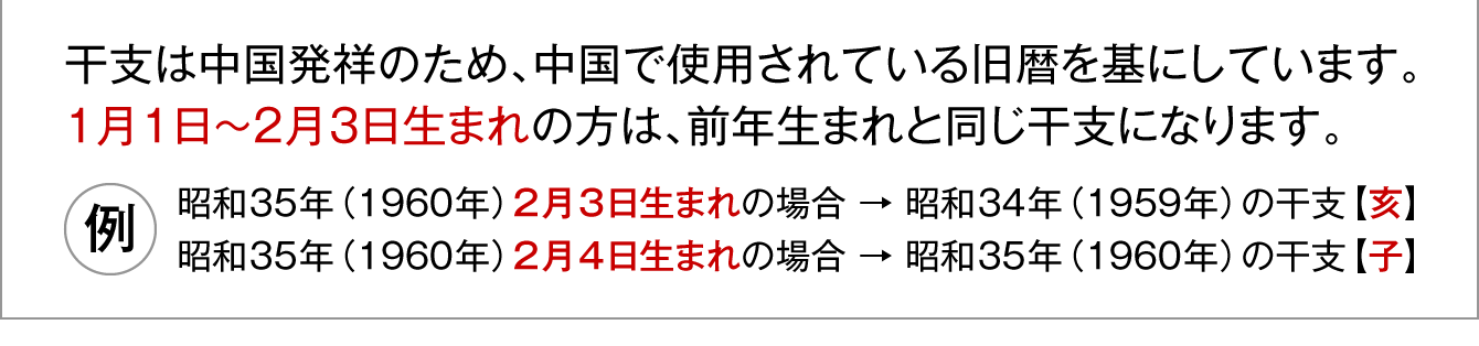 干支は中国発祥のため、中国で使用されている旧暦を基にしています。１月１日～２月３日生まれの方は、前年生まれと同じ干支になります。（例：昭和35年（1960年）2月3日生まれの場合 → 昭和34年（1959年）の干支【亥】／昭和35年（1960年）2月4日生まれの場合 → 昭和35年（1960年）の干支【子】）