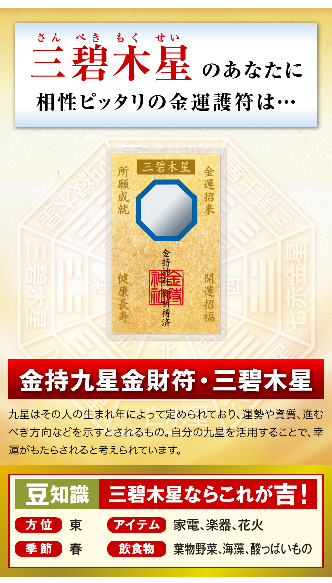三碧木星のあなたに相性ピッタリの金運護符は…『金持九星金財符・三碧木星』九星はその人の生まれ年によって定められており、運勢や資質、進むべき方向などを示すとされるもの。自分の九星を活用することで、幸運がもたらされると考えられています。