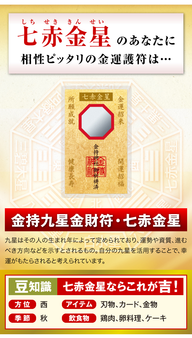 七赤金星のあなたに相性ピッタリの金運護符は…『金持九星金財符・七赤金星』九星はその人の生まれ年によって定められており、運勢や資質、進むべき方向などを示すとされるもの。自分の九星を活用することで、幸運がもたらされると考えられています。